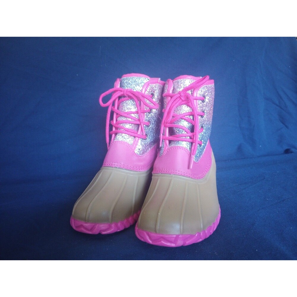 Fab Kids Girls Size 2 Ankle Lace-Up Rain Boots Pink/Silver Glitter Round Toe